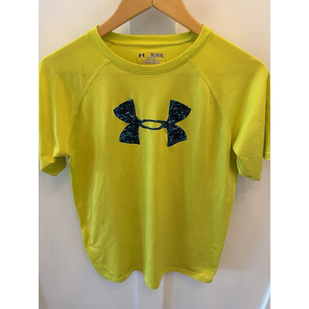 Boys Under Armour Short Sleeve Heat Gear Neon Yellow Loose Fit Size Youth XL